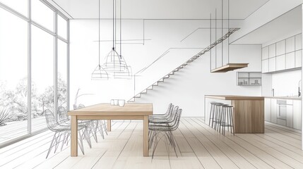 Aufkleber - Modern dining area with minimalistic design and open space.