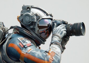 Poster - Astronaut taking a photograph with a camera in a space-like environment.