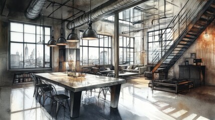 Poster - A spacious, modern loft with industrial design, featuring large windows and stylish furniture.