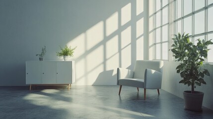 Aufkleber - A bright, minimalist room with plants and natural light streaming through large windows.