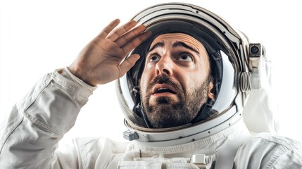 Aufkleber - An astronaut saluting, looking upward with a surprised expression against a white background.