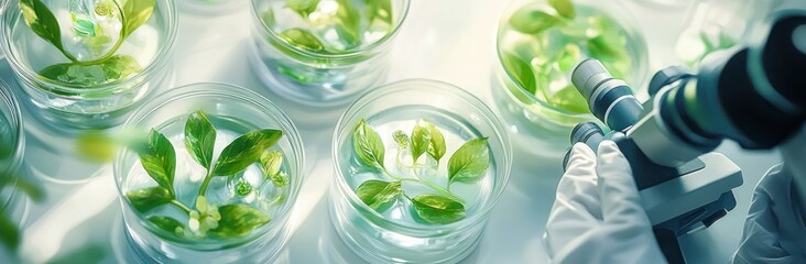 Aufkleber - A laboratory scene with plants in jars and a microscope, focusing on scientific research.