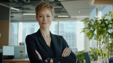 Aufkleber - Confident professional woman posing in a modern office setting.