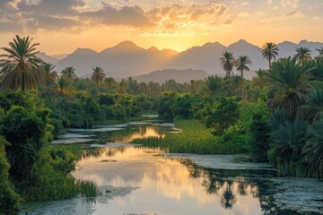 Poster - Serene sunset over a lush riverbank with mountains in the background.