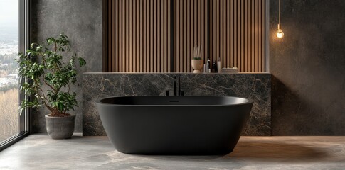 Poster - Modern bathroom featuring a black freestanding tub and natural elements.