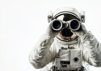 Poster - An astronaut using binoculars, symbolizing exploration and curiosity in space.