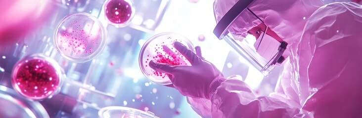 Aufkleber - A scientist in protective gear examines petri dishes with pink liquid in a lab setting.