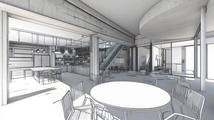 Aufkleber - Modern architectural interior featuring open space and contemporary design elements.