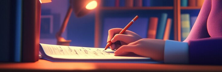 Poster - A hand writing notes on paper with a pen, illuminated by a desk lamp in a cozy setting.