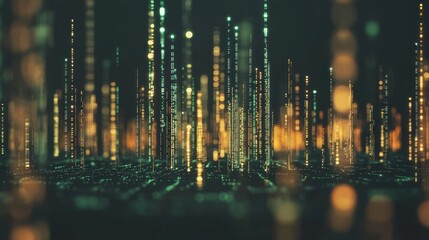 Fototapete - A digital landscape with glowing vertical lines representing data or technology.