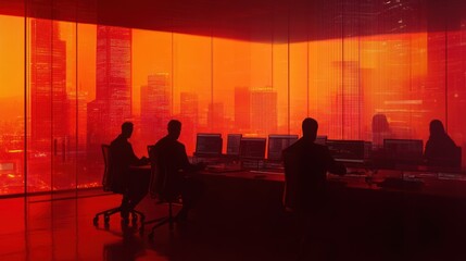 Fototapete - A dimly lit control room with silhouettes of people against a vibrant cityscape backdrop.