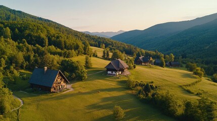 Poster - Scenic landscape featuring rustic houses amidst lush green hills at sunset.