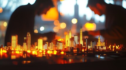 Fototapete - Two individuals interact with a glowing model cityscape, highlighting urban design and creativity.