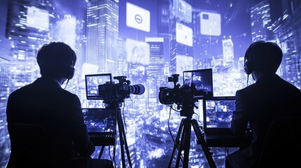 Aufkleber - Two individuals with cameras and screens in a high-tech urban environment.
