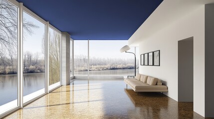 Aufkleber - Modern living space with large windows overlooking a serene river landscape.