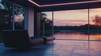 Poster - A modern lounge area with a view of a serene lake at sunset.