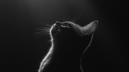 Poster - A silhouette of a cat gazing upwards, captured in dramatic black and white lighting.