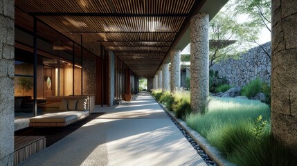 Aufkleber - Modern corridor with stone pillars and lush greenery, designed for relaxation and aesthetics.