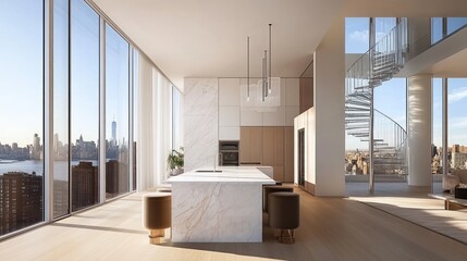 Poster - Modern kitchen with large windows and elegant spiral staircase, showcasing urban views.