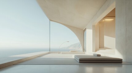 Poster - Modern minimalist interior with ocean view and natural light.