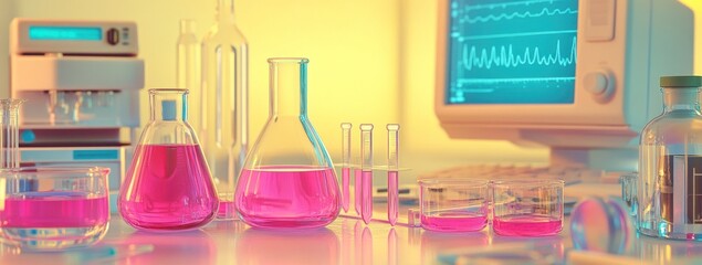 Aufkleber - A laboratory scene featuring colorful liquids in glassware and scientific equipment.