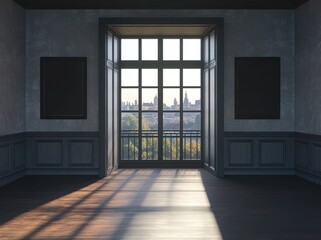 Aufkleber - A spacious room with large windows offering a city view, illuminated by natural light.
