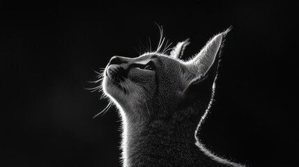 Poster - A silhouette of a cat gazing upward, highlighting its features against a dark background.
