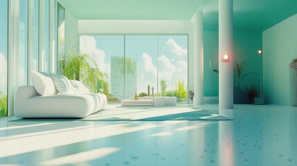 Poster - Bright, modern living space with large windows and plants, creating a serene atmosphere.