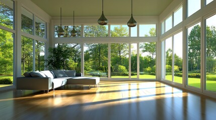 Aufkleber - A bright, modern living area with large windows overlooking a lush garden.
