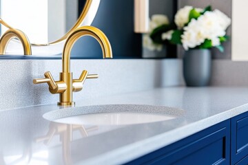 Wall Mural - Luxurious bathroom designed with deep navy vanity, elegant brass fixtures, and soft ambient lighting for a serene atmosphere