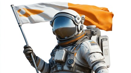 Poster - An astronaut holding a flag with an orange design, symbolizing exploration and discovery.