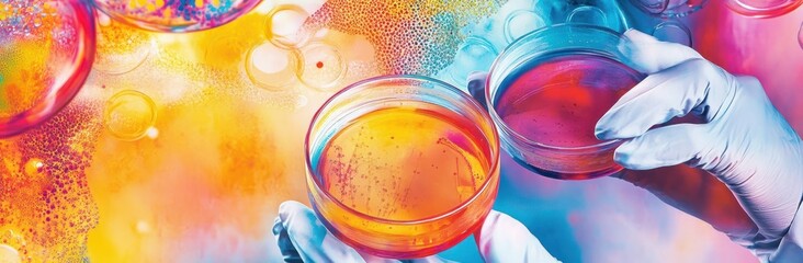 Aufkleber - Colorful laboratory scene showcasing petri dishes with vibrant liquids and a scientific backdrop.