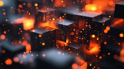 Fototapete - Abstract digital landscape with glowing elements and dark structures.
