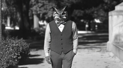 Leinwandbilder - A person in a suit wearing an owl mask walks down a path in a park.
