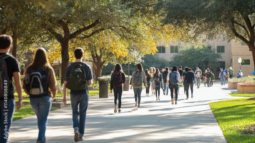 A focused image of a group of college students walking to class ...