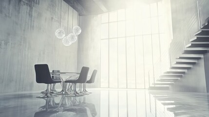 Poster - Modern minimalist interior with a dining area and staircase, illuminated by natural light.