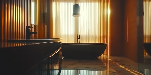 Poster - A serene bathroom with natural light, featuring a bathtub and modern design elements.