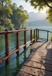 © Wachiraporn - Weathered wooden balcony railing over a serene lake, broken, weathered