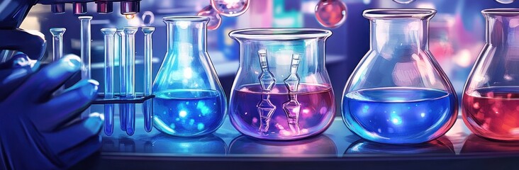 Aufkleber - A colorful array of laboratory glassware filled with glowing liquids, suggesting experimentation.