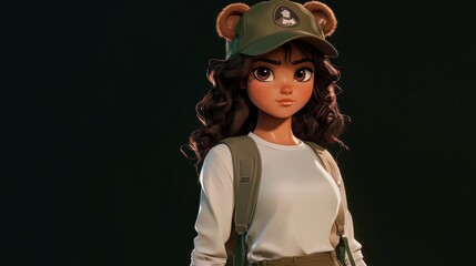 Aufkleber - A stylized female character with curly hair, wearing a cap and backpack, posing confidently.