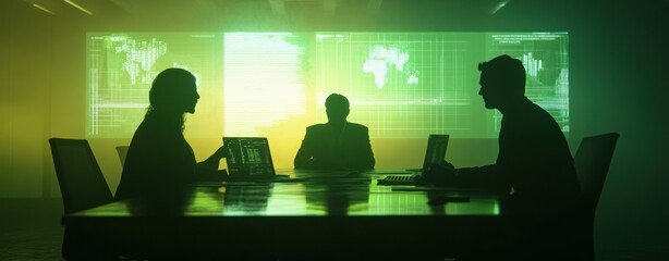 Poster - Silhouetted figures in a conference room with screens displaying data and maps.