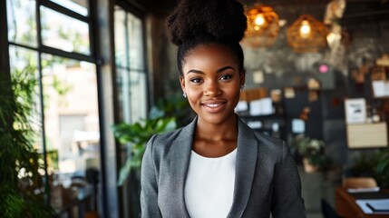 Aufkleber - A confident woman in a business suit stands in a modern office with plants and natural light.