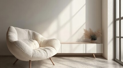 Poster - Cozy interior featuring a plush chair and minimalist decor with natural light.