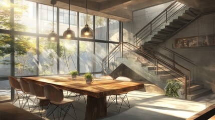 Aufkleber - A modern meeting space with natural light, wooden table, and greenery.