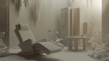 Poster - A serene interior featuring a recliner, table, and soft vegetation in a minimalist setting.