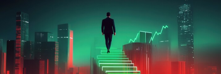 Poster - A silhouette of a businessman ascending glowing stairs against a city skyline with rising graphs.