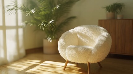 Aufkleber - A cozy, textured armchair in a sunlit room with plants and wooden decor.