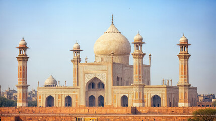 Badshahi Mosque in Lahore, Pakistan, characterized by its grandeur, intricate architectural details, and prominent central dome surrounded by four minarets. 