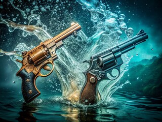 Wall Mural - Vintage Water Pistol & Revolver Photo: Retro Weaponry, Old West, Splashes, Gun Photography, Western Film Still