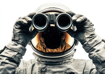 Poster - An astronaut holding binoculars, gazing into the distance against a white background.